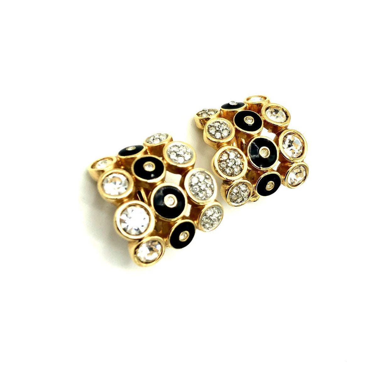 Three Row Rhinestone & Black Enamel Vintage Clip - On Earrings - 24 Wishes Vintage Jewelry