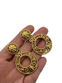 Trifari Gold Eurasian Revival Hoop Clip - on Earrings - 24 Wishes Vintage Jewelry