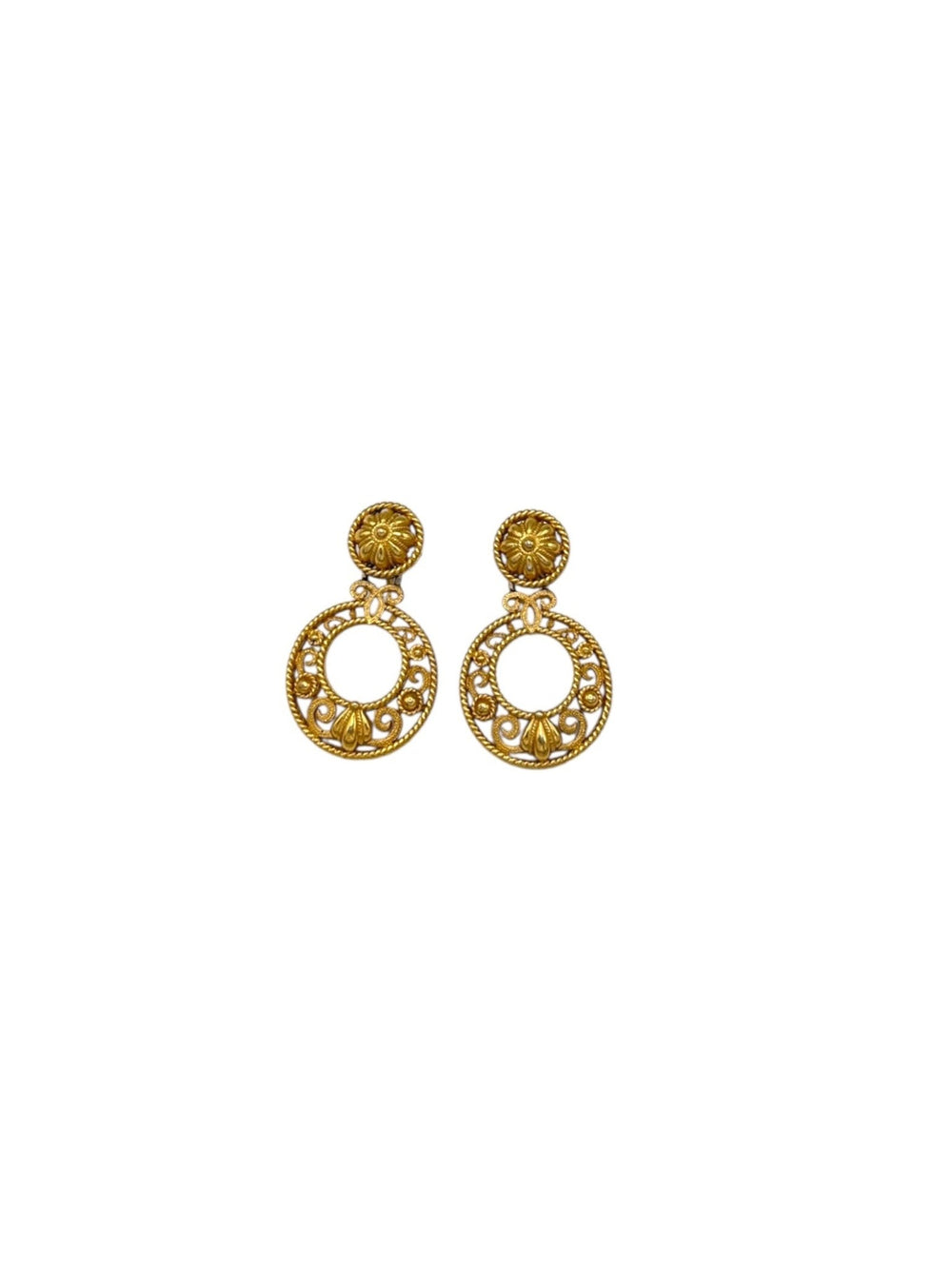 Trifari Gold Eurasian Revival Hoop Clip - on Earrings - 24 Wishes Vintage Jewelry