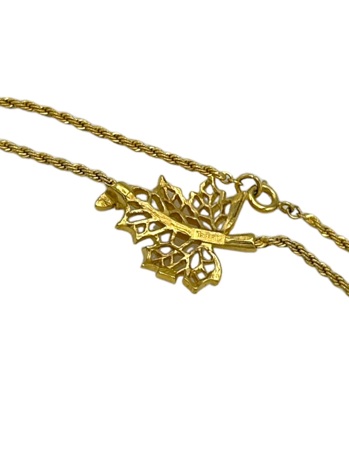 Trifari Gold Open Leaf Pendant Rope Chain - 24 Wishes Vintage Jewelry