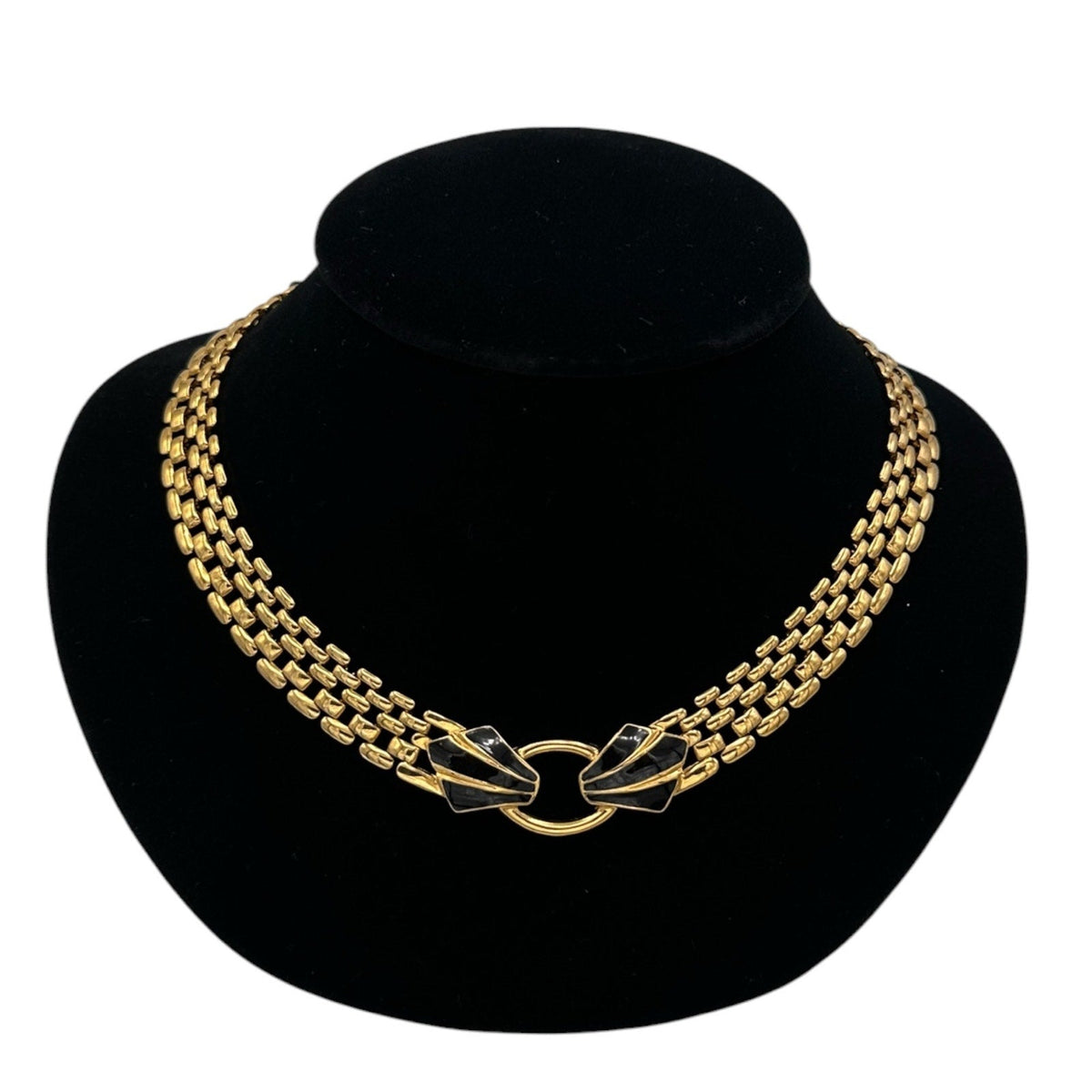 Trifari Gold Panther Link Chain Black Enamel Pendant