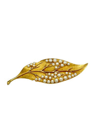 Trifari Gold Pearl Leaf Vintage Brooch - 24 Wishes Vintage Jewelry