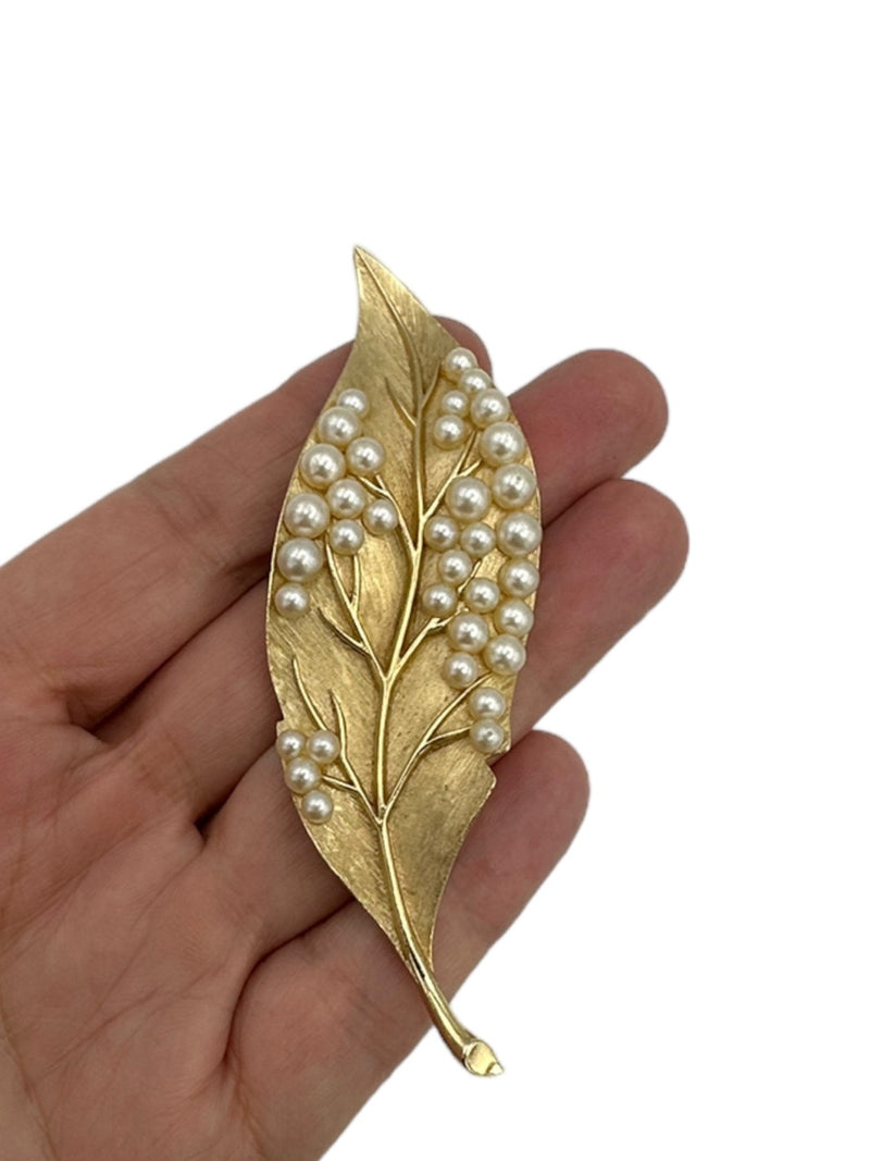 Trifari Gold Pearl Leaf Vintage Brooch - 24 Wishes Vintage Jewelry