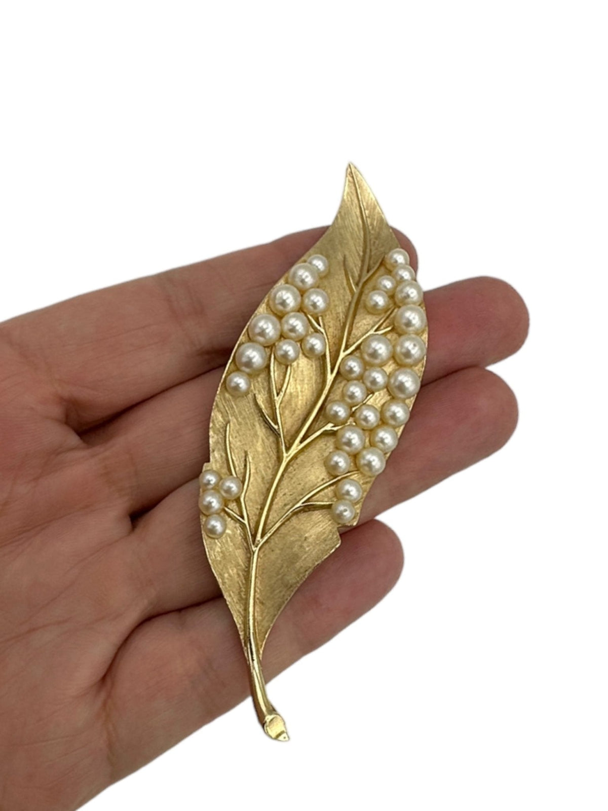 Trifari Gold Pearl Leaf Vintage Brooch - 24 Wishes Vintage Jewelry