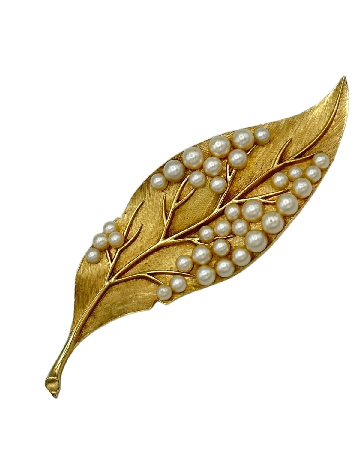 Trifari Gold Pearl Leaf Vintage Brooch - 24 Wishes Vintage Jewelry