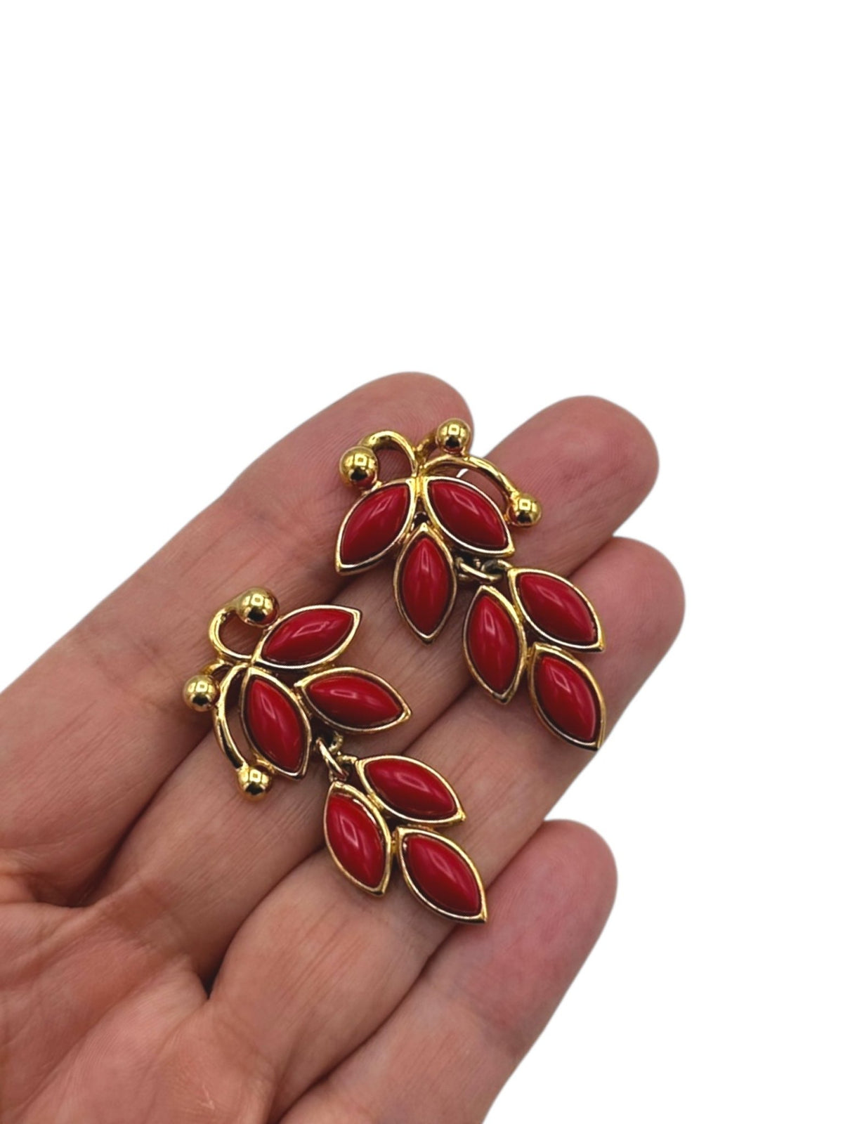 Trifari Gold Red Lucite Berry Dangle Earrings - 24 Wishes Vintage Jewelry