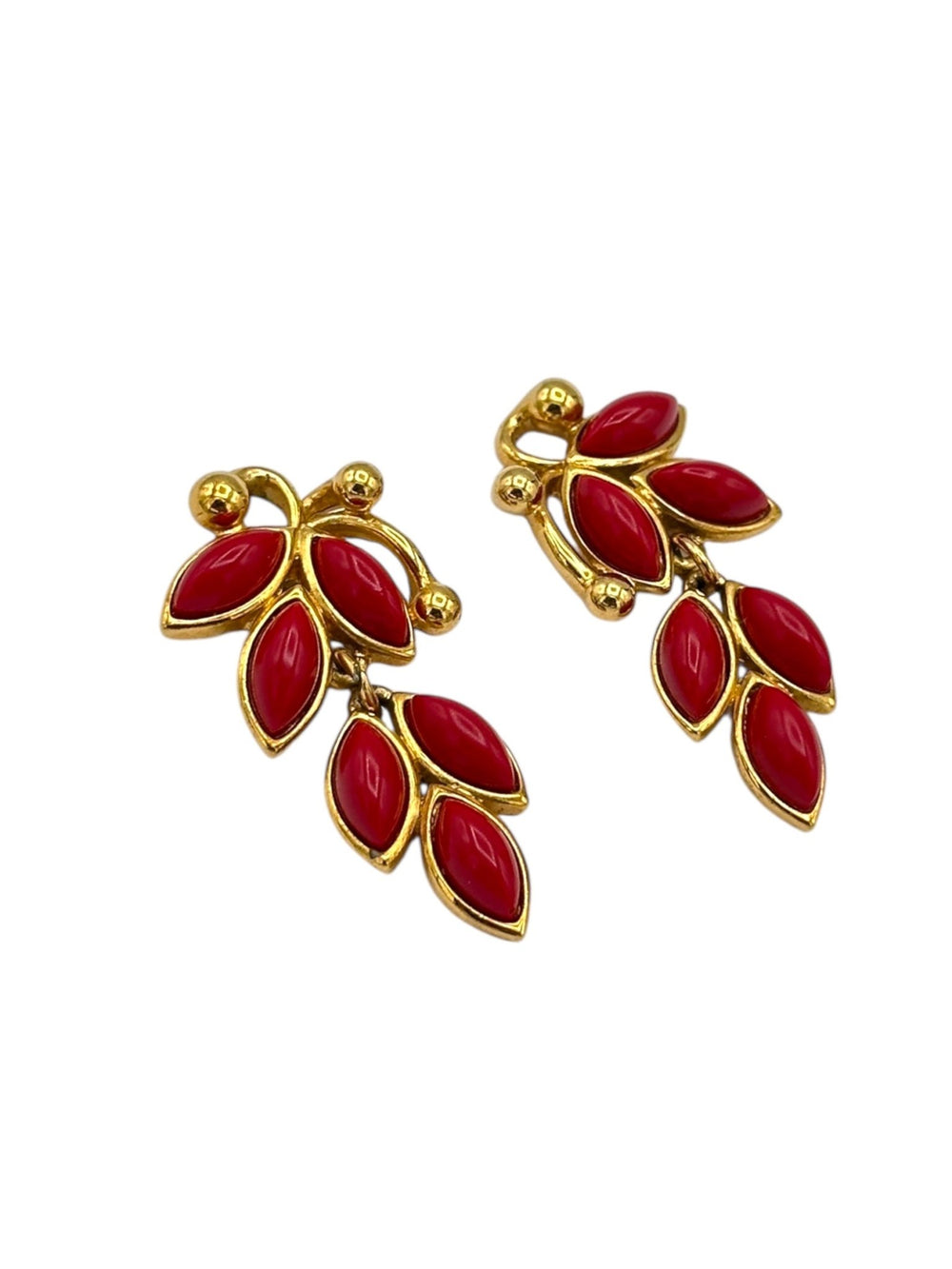 Trifari Gold Red Lucite Berry Dangle Earrings - 24 Wishes Vintage Jewelry