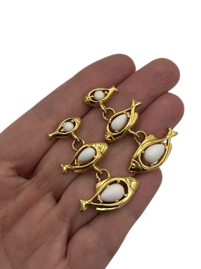 Trifari Graduated Three Fish Dangle Pierced Earrings - 24 Wishes Vintage Jewelry