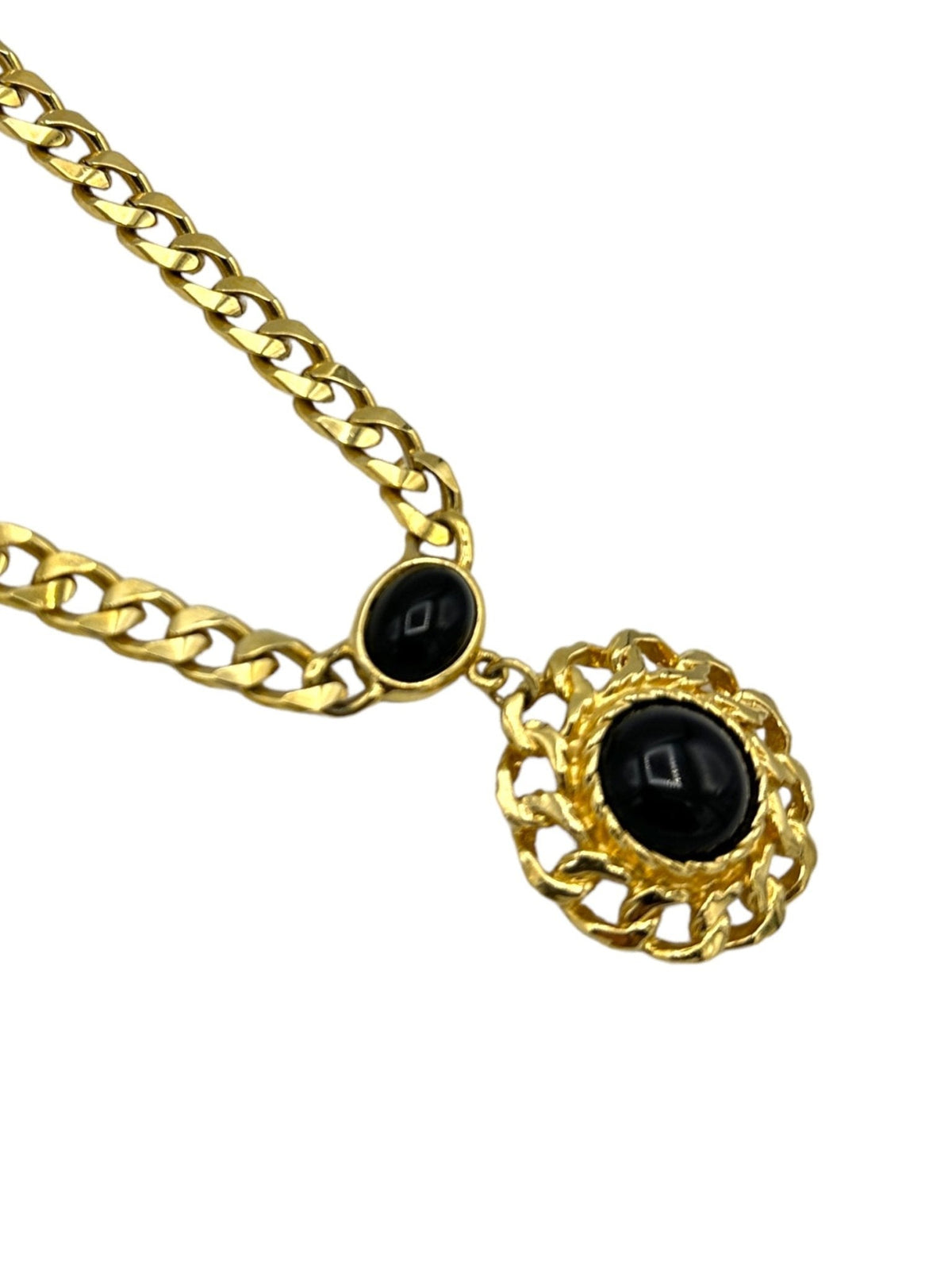 Trifari Jewelry Gold Curb Chain Necklace Classic Black Cabochon Pendant - 24 Wishes Vintage Jewelry