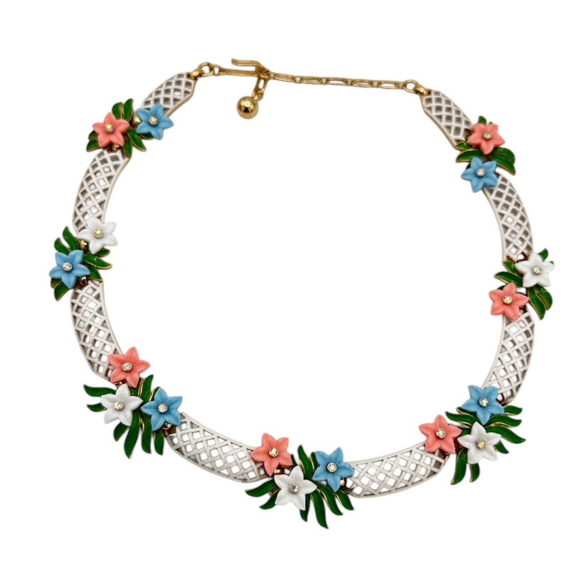 Jewelry SetsTrifari Signed White Enamel Lattice Flower Necklace Earring Jewelry Set