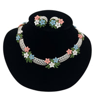 Jewelry SetsTrifari Signed White Enamel Lattice Flower Necklace Earring Jewelry Set
