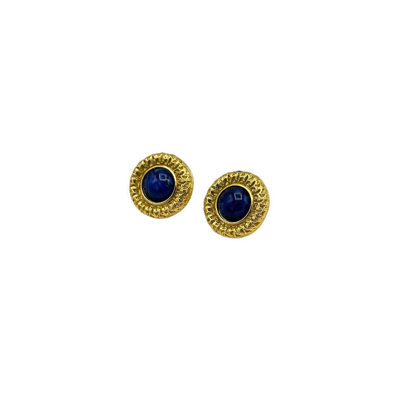 Trifari Vintage Jewelry Gold Round Blue Cabochon Pierced Earrings - 24 Wishes Vintage Jewelry