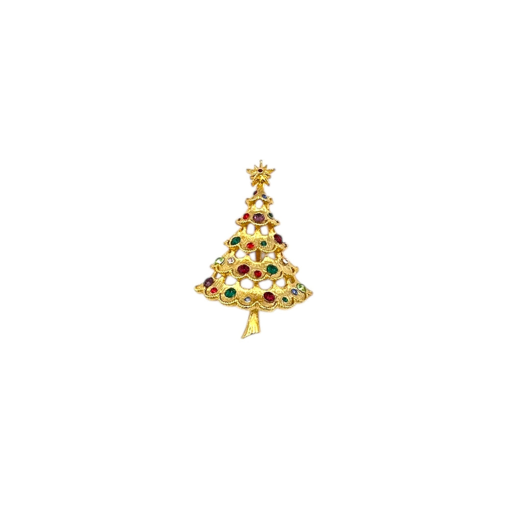 Ultra Craft vintage gold Christmas tree brooch with multicolor rhinestones and star topper on white background.