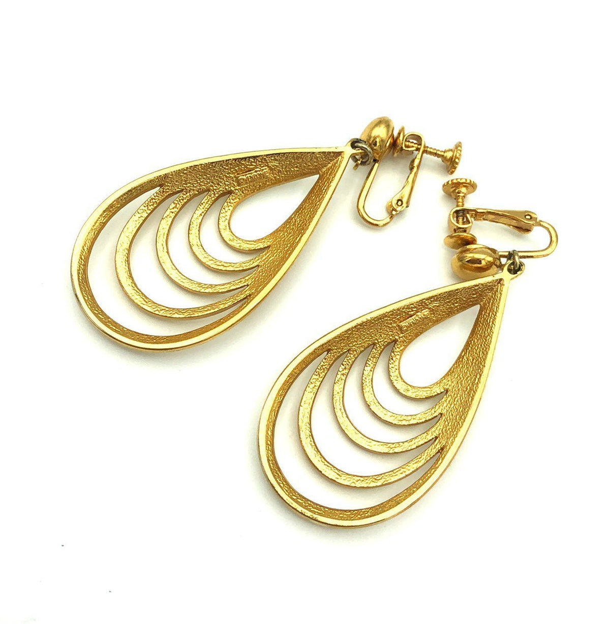 Vendome Gold Open Teardrop Dangle Vintage Clip - On Earrings - 24 Wishes Vintage Jewelry