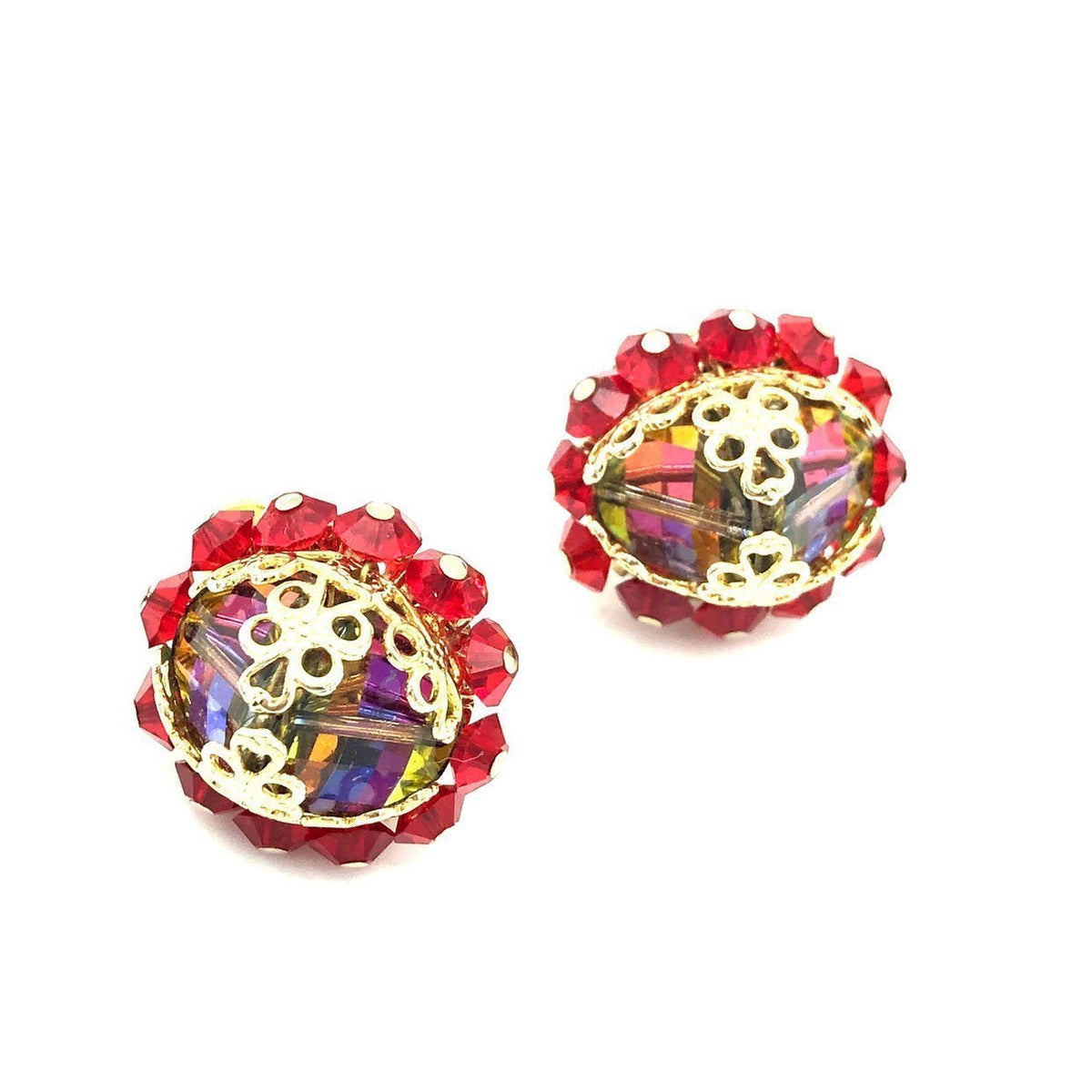Vendome vintage red watermelon crystal clip-on earrings with gold-tone filigree and aurora borealis bead centers. - 24 Wishes Vintage Jewelry