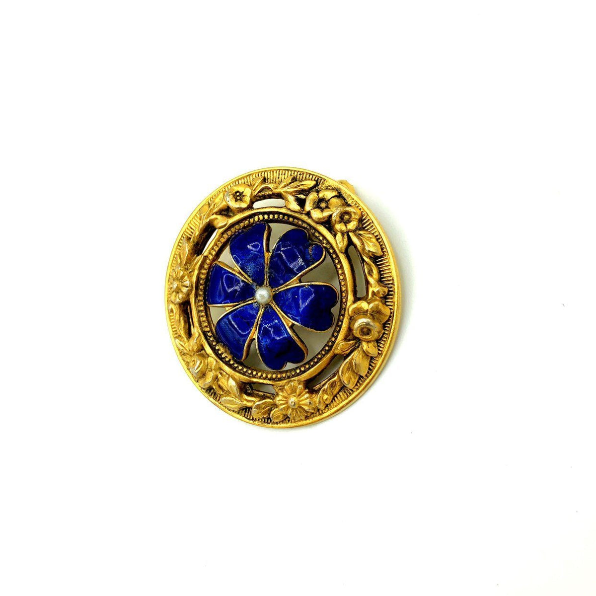 Victorian Revival Blue Enamel Flower Brooch by Freirich - 24 Wishes Vintage Jewelry