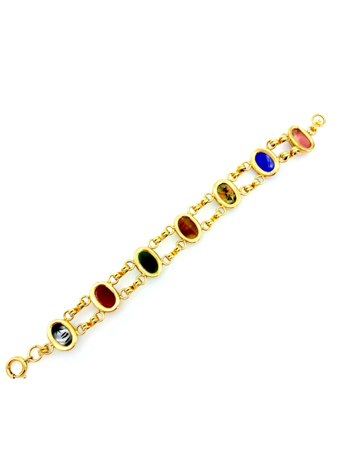 Vintage 12K Gold Filled Semi - Presious Stone Scarab Layering Charm Bracelet - 24 Wishes Vintage Jewelry