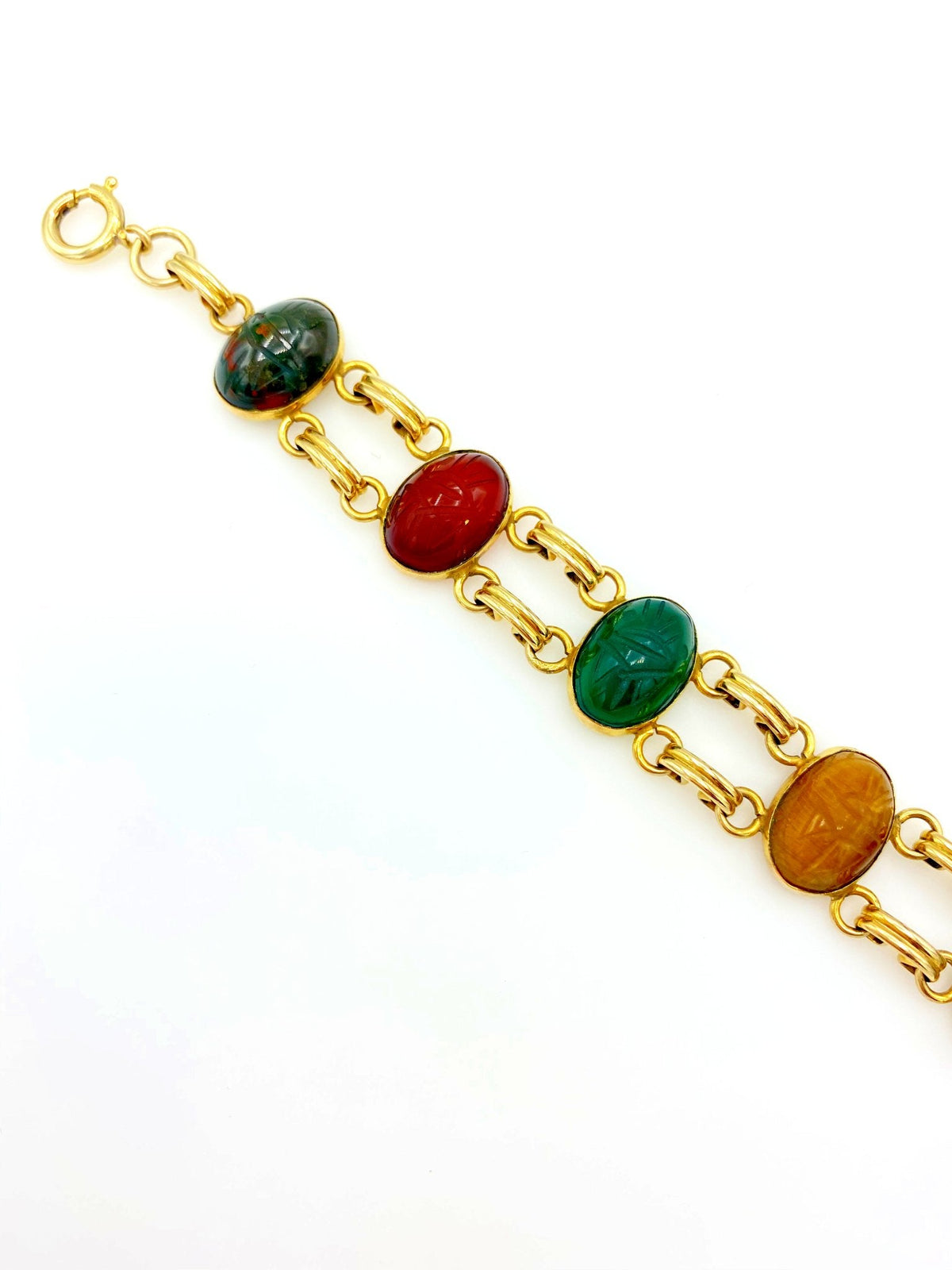 Vintage 12K Gold Filled Semi - Presious Stone Scarab Layering Charm Bracelet - 24 Wishes Vintage Jewelry