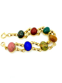 Vintage 12K Gold Filled Semi - Presious Stone Scarab Layering Charm Bracelet - 24 Wishes Vintage Jewelry