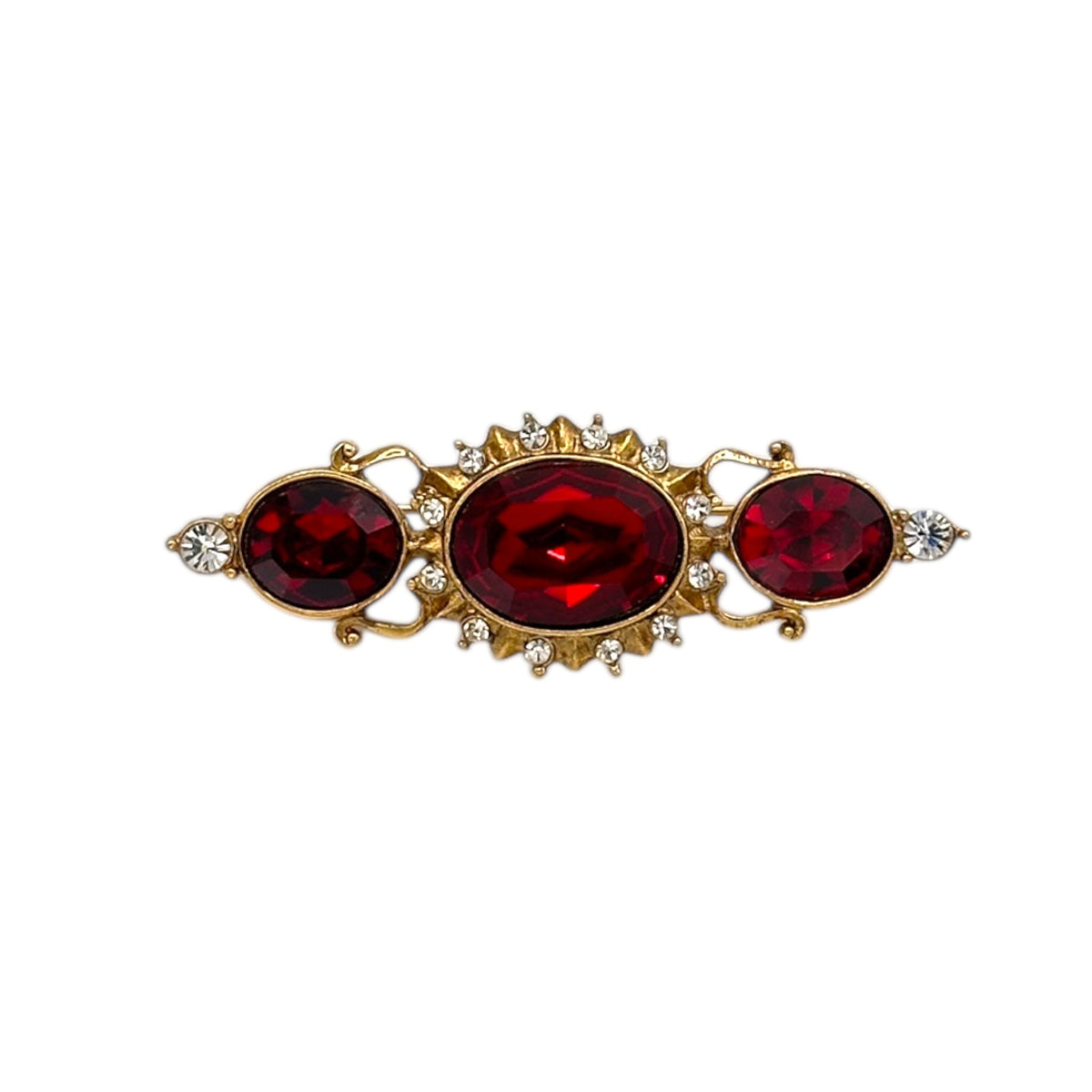 Brooches & PinsVintage 1928 Gold Plated Victorian Revival Faceted Red Glass Stone Bar Brooch