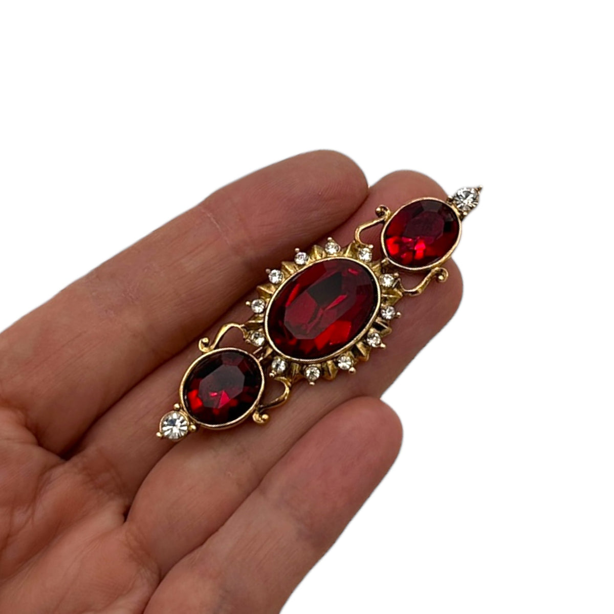 Brooches & PinsVintage 1928 Gold Plated Victorian Revival Faceted Red Glass Stone Bar Brooch