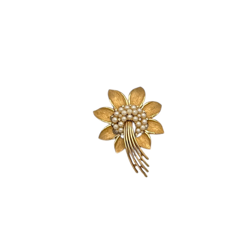 Brooches & PinsVintage 1960s Trifari Gold Floral Faux Pearl Rhinestone Brooch