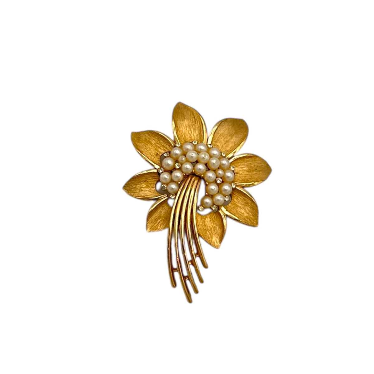 Brooches & PinsVintage 1960s Trifari Gold Floral Faux Pearl Rhinestone Brooch