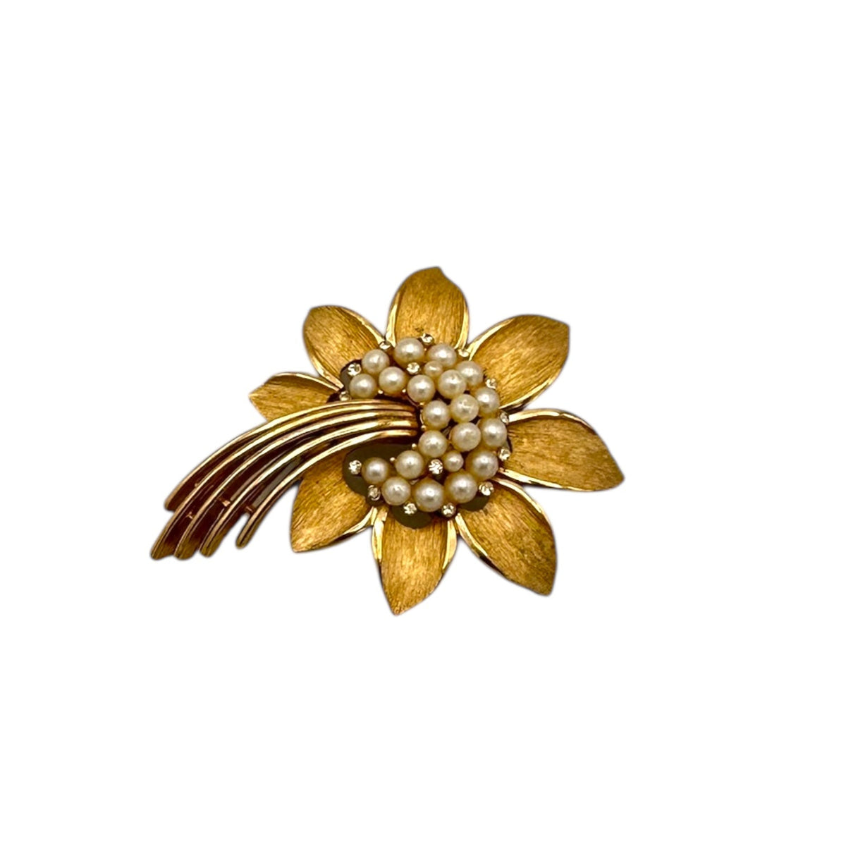 Brooches & PinsVintage 1960s Trifari Gold Floral Faux Pearl Rhinestone Brooch