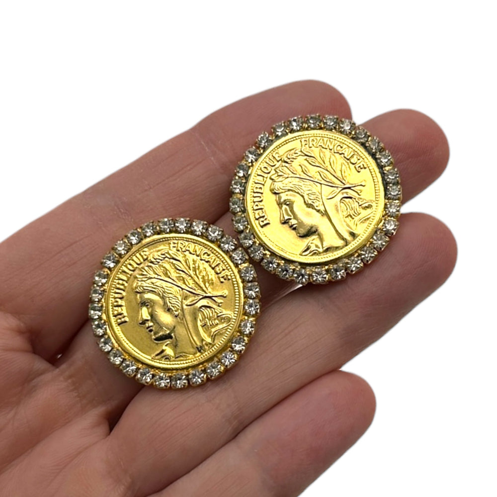 EarringsVintage 1980s Gold Plated French Coin Rhinestone Clip - On Earrings