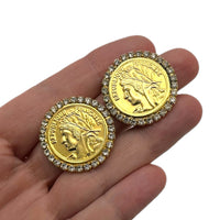 EarringsVintage 1980s Gold Plated French Coin Rhinestone Clip - On Earrings