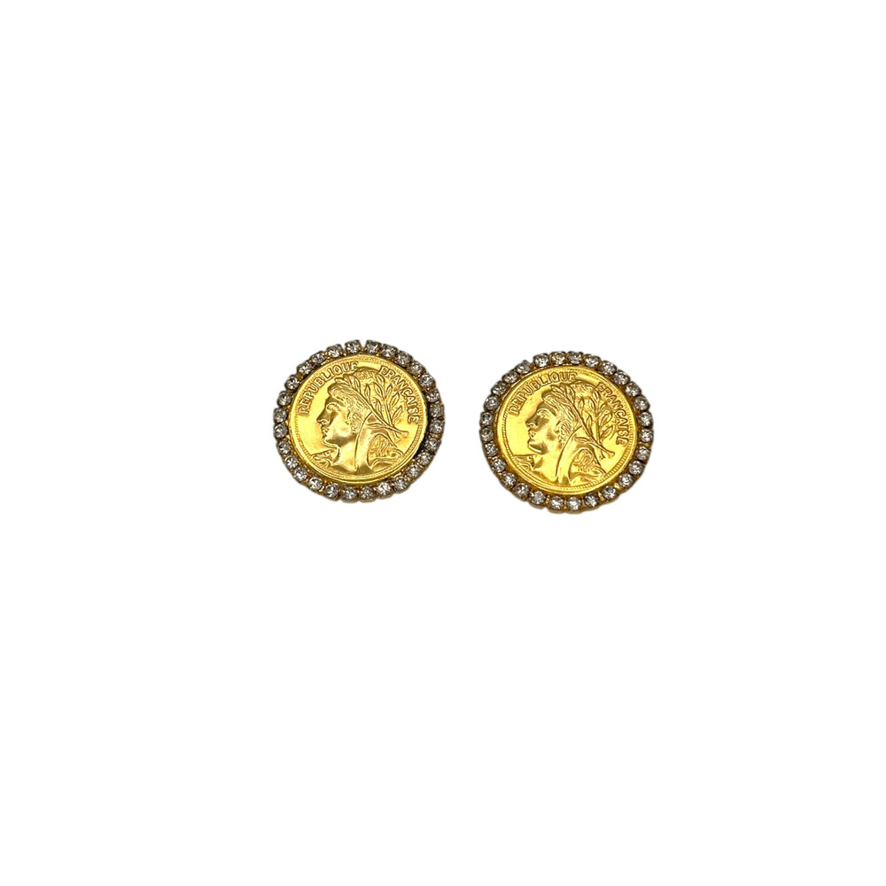 EarringsVintage 1980s Gold Plated French Coin Rhinestone Clip - On Earrings