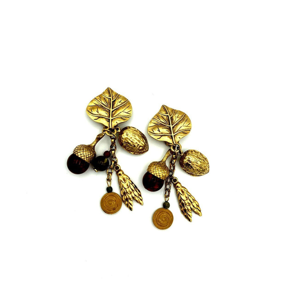 Vintage Acorn Walnut Dangle Drop Boho Clip - On Earrings - 24 Wishes Vintage Jewelry