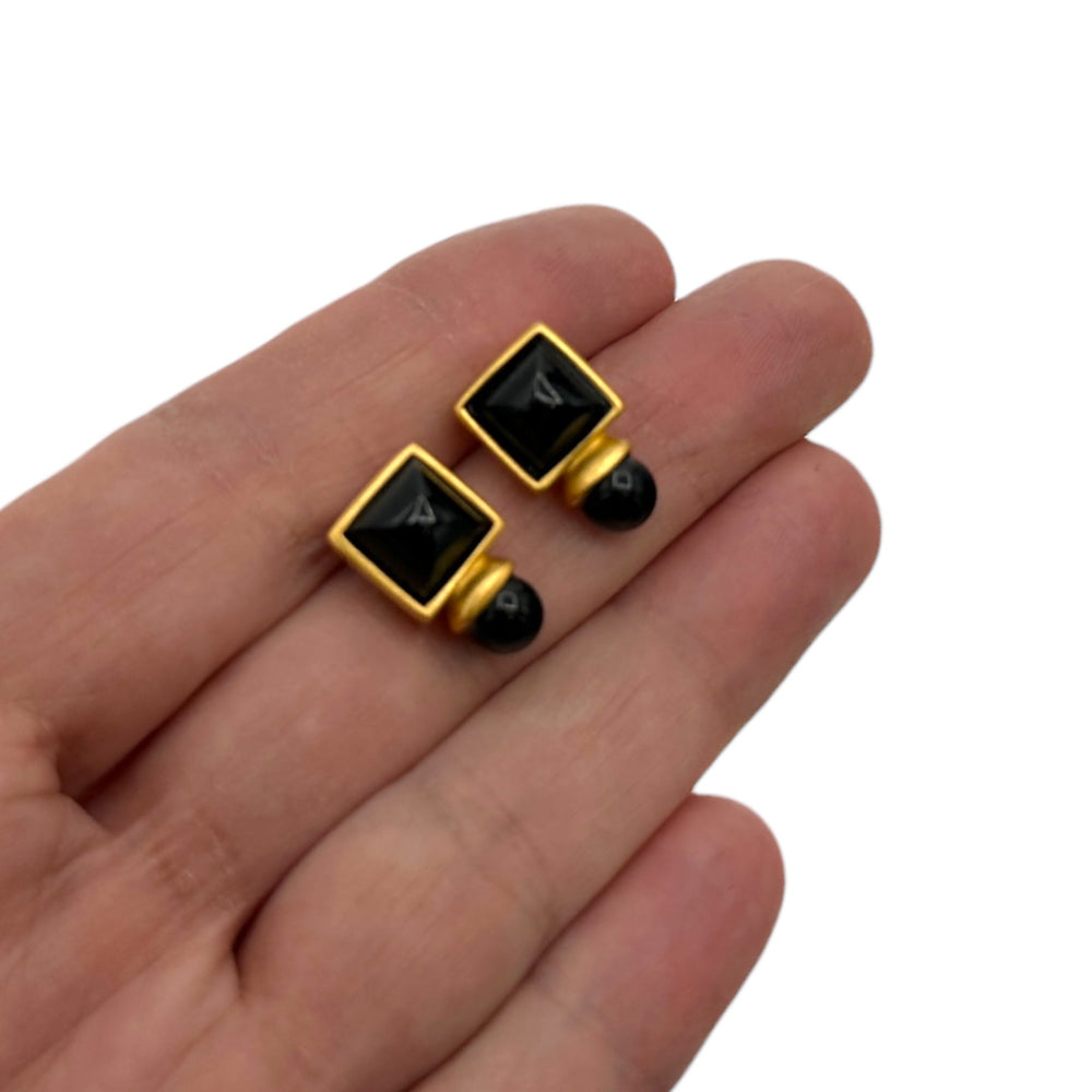 EarringsVintage Anne Klein Gold Stud Drop Pierced Earrings with Black Glass