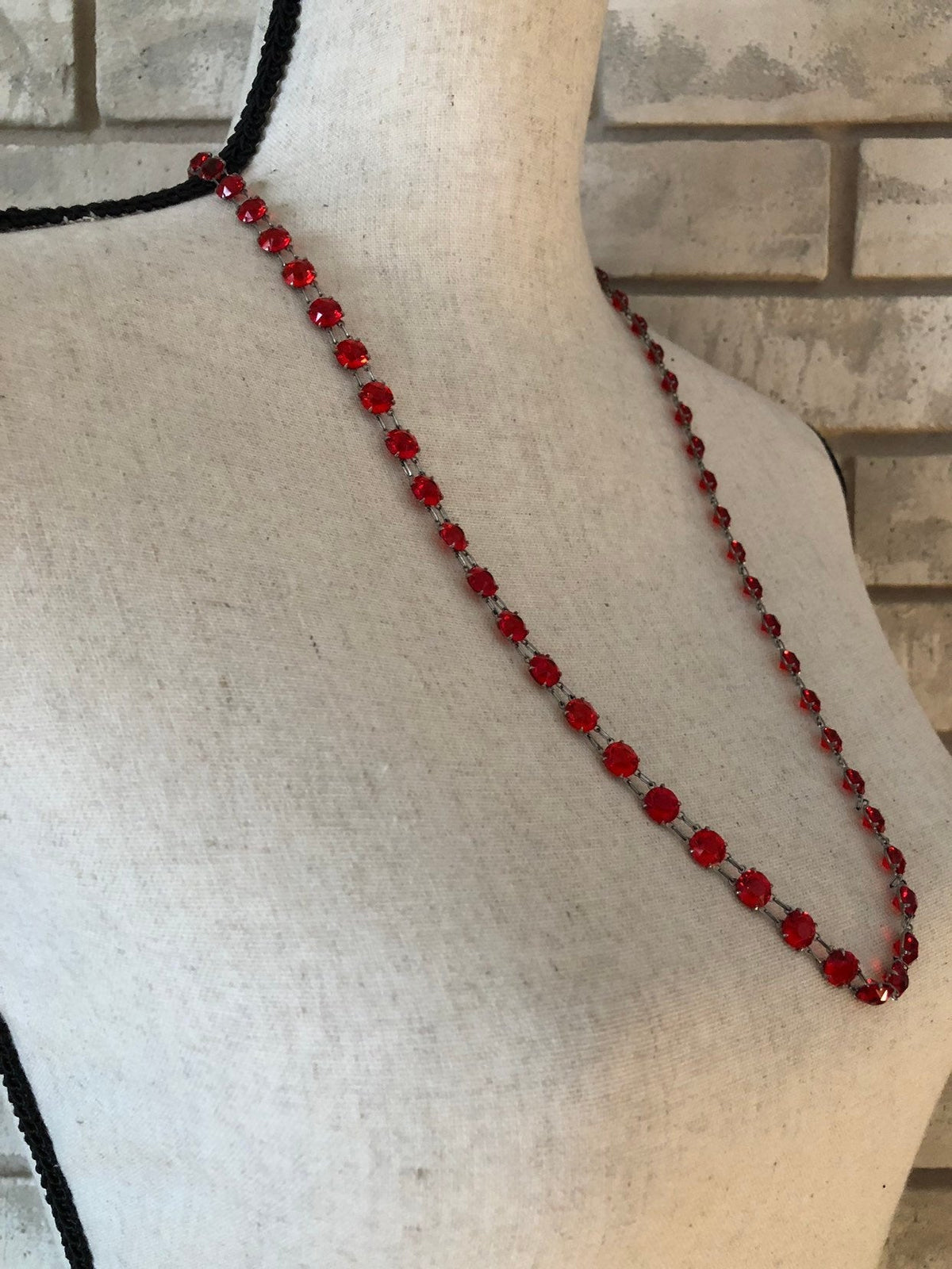 Vintage Art Deco Red Crystals Long Necklace - 24 Wishes Vintage Jewelry