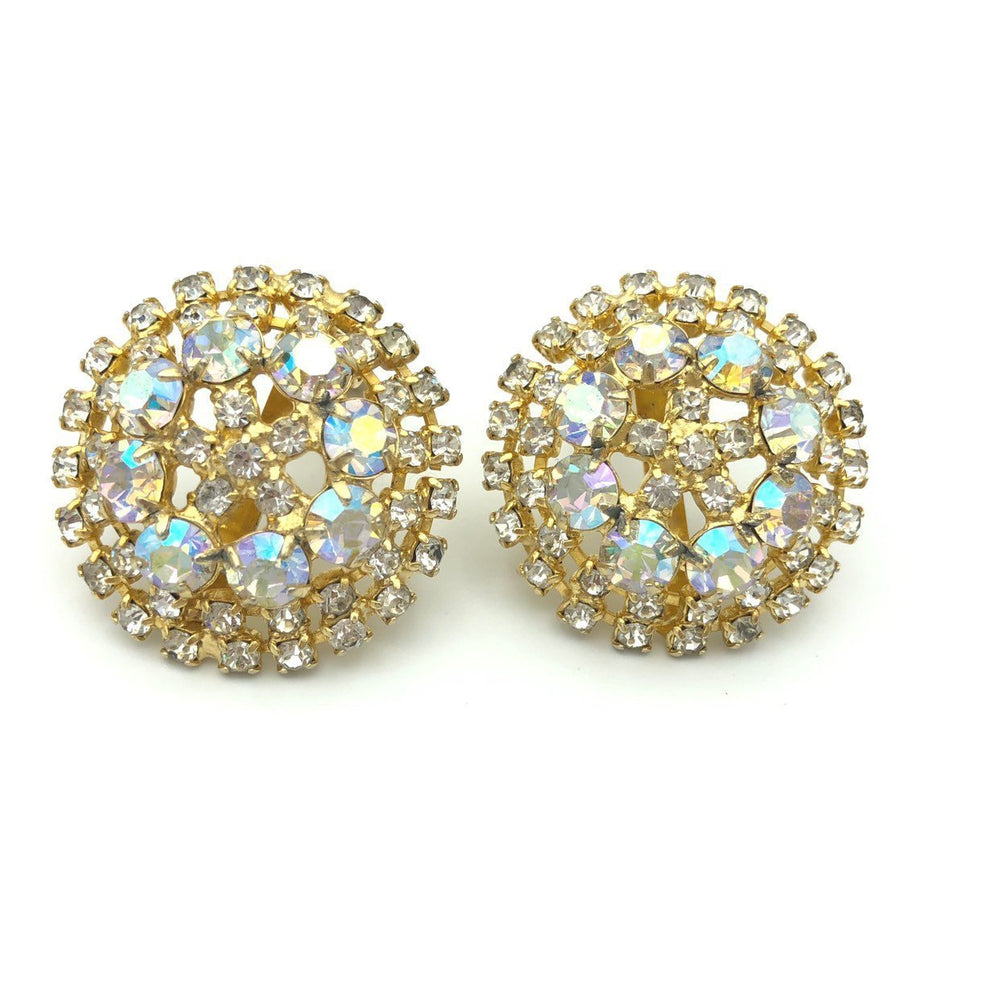 Vintage Aurora Borealis Rhinestone Round Medallion Clip - On Earrings - 24 Wishes Vintage Jewelry