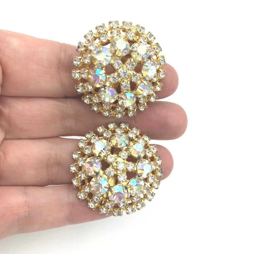 Vintage Aurora Borealis Rhinestone Round Medallion Clip - On Earrings - 24 Wishes Vintage Jewelry