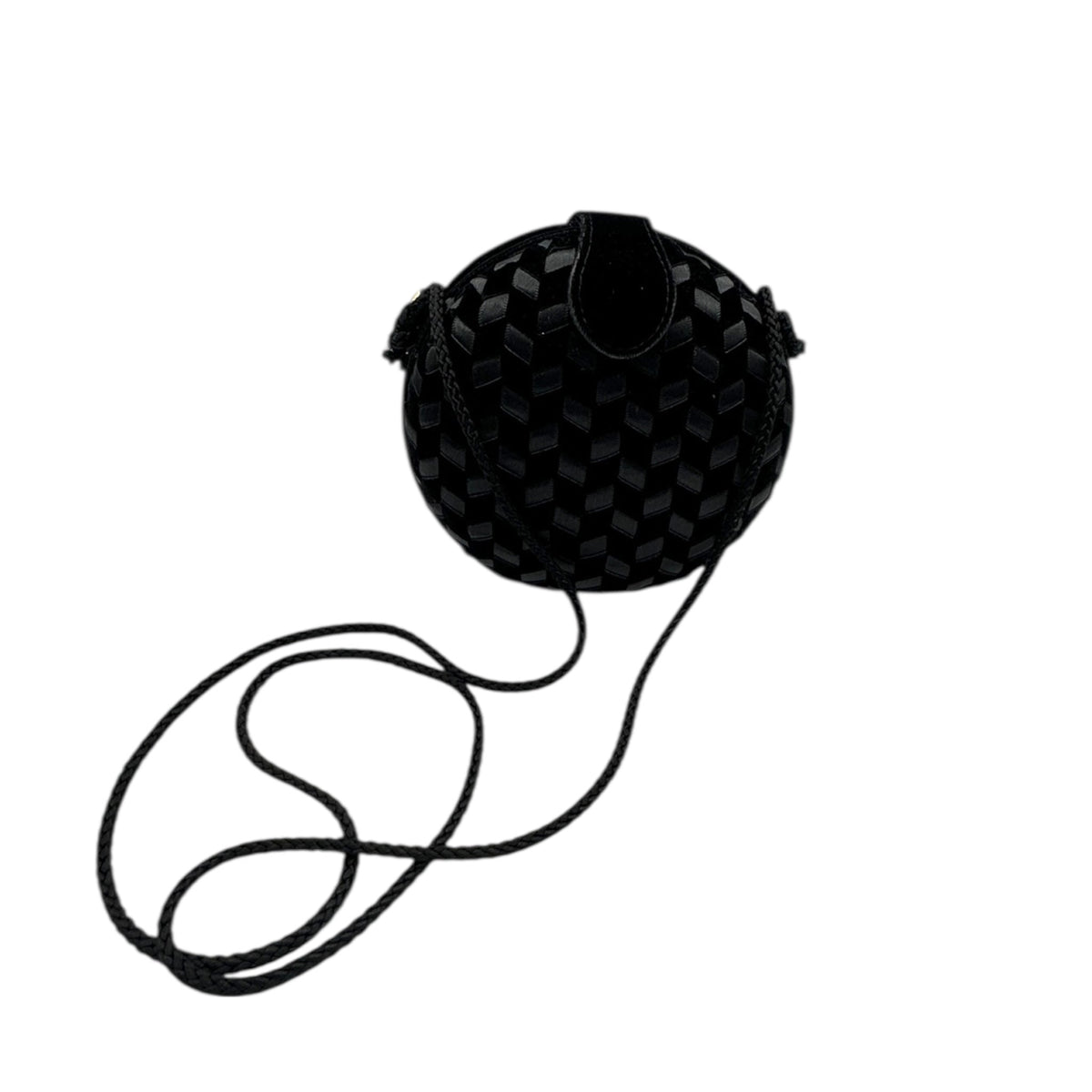 Standing up view of Vintage black round velvet and satin weave small crossbody handbag with cord strap displayed on white background.