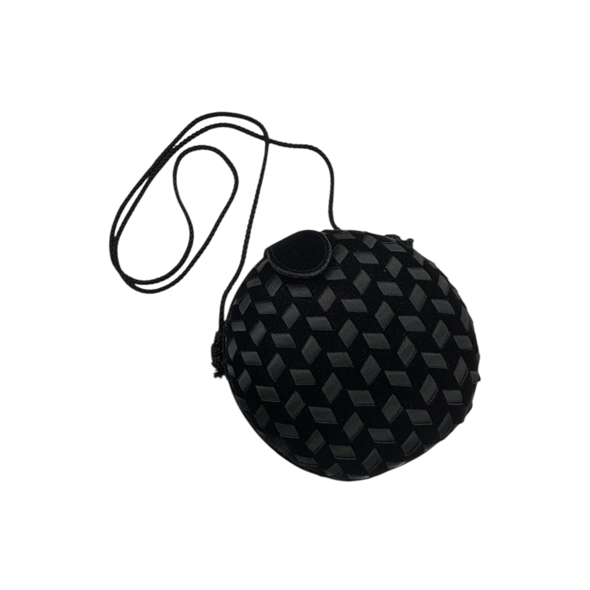 Vintage black round velvet and satin weave small crossbody handbag with cord strap displayed on white background.