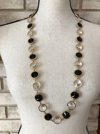 Vintage Black & White Chaton Faceted Rivoli Long Necklace - 24 Wishes Vintage Jewelry