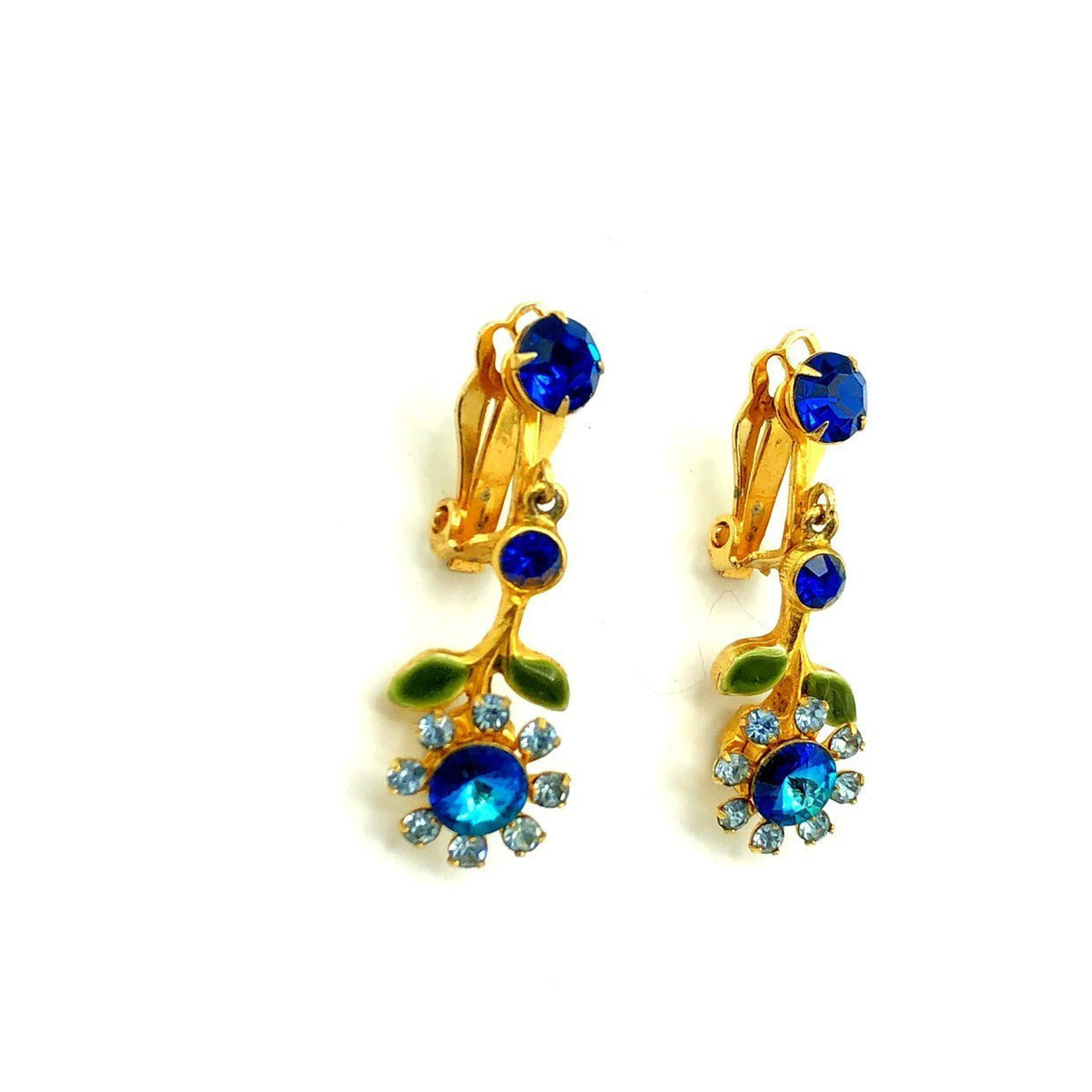 Vintage Blue Flower Rhinestone Dangle Clip - On Earrings - 24 Wishes Vintage Jewelry