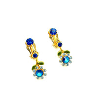 Vintage Blue Flower Rhinestone Dangle Clip - On Earrings - 24 Wishes Vintage Jewelry