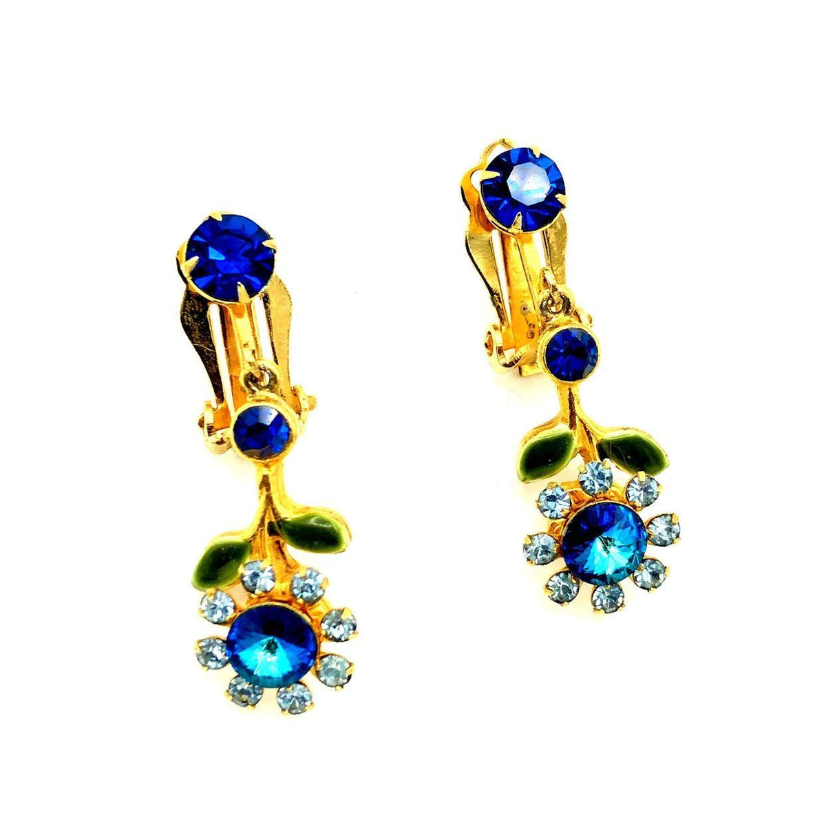 Vintage Blue Flower Rhinestone Dangle Clip - On Earrings - 24 Wishes Vintage Jewelry