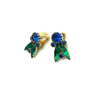 Vintage Blue & Green Rhinestone Floral Clip - On Earrings - 24 Wishes Vintage Jewelry