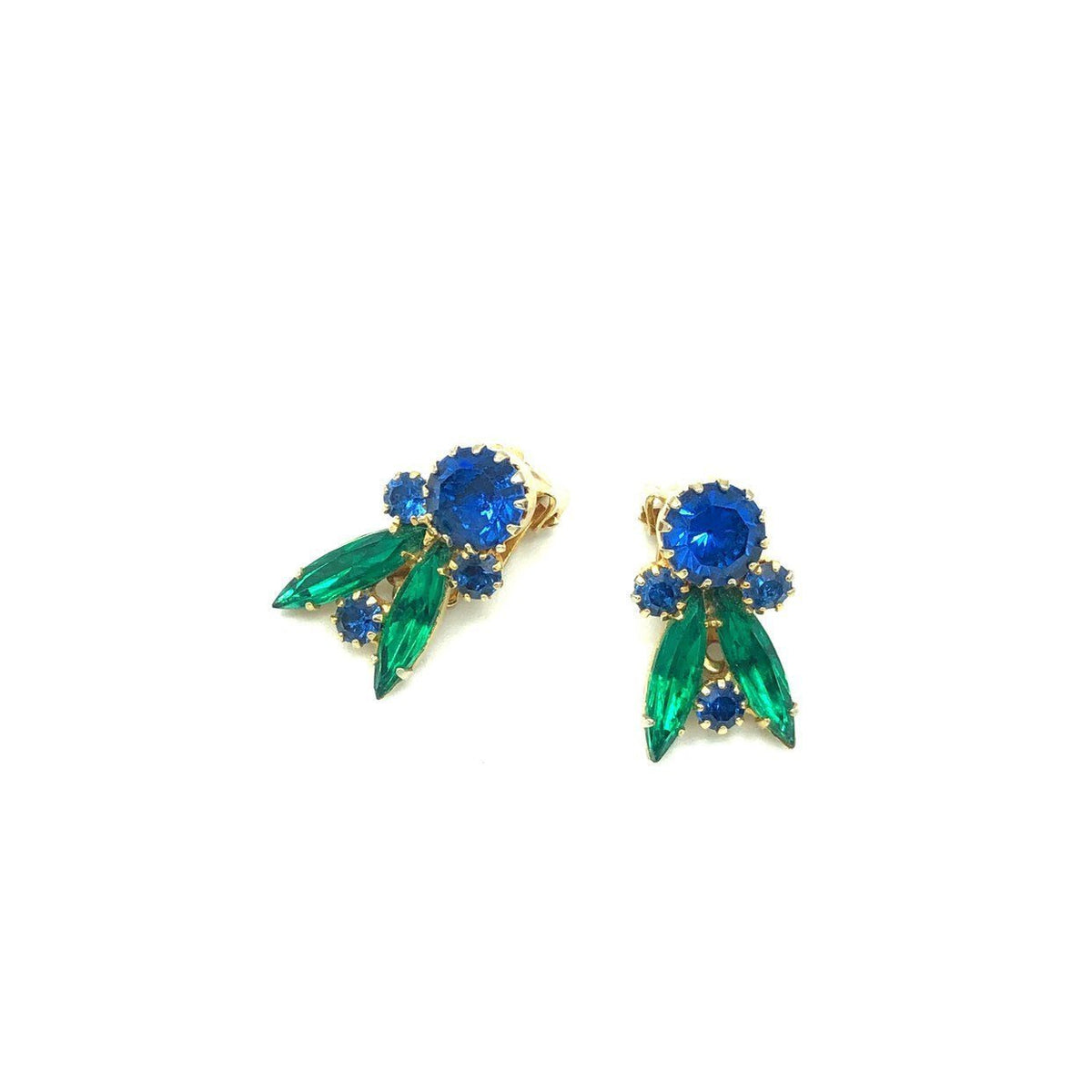 Vintage Blue & Green Rhinestone Floral Clip - On Earrings - 24 Wishes Vintage Jewelry