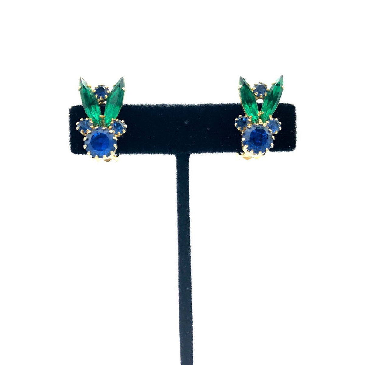 Vintage Blue & Green Rhinestone Floral Clip - On Earrings - 24 Wishes Vintage Jewelry