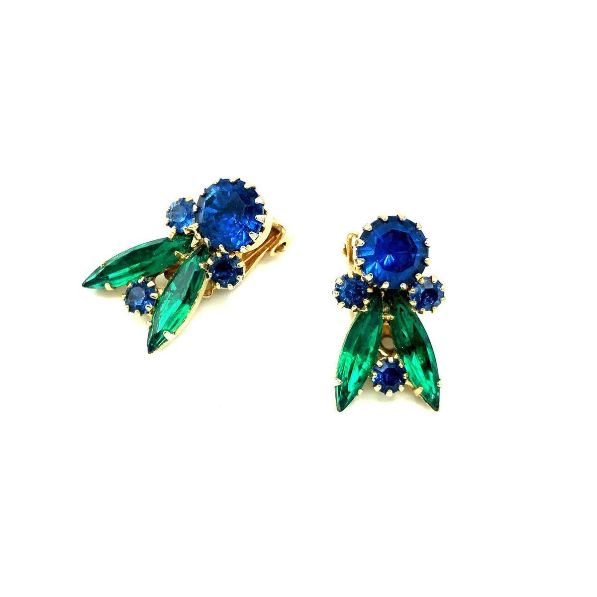 Vintage Blue & Green Rhinestone Floral Clip - On Earrings - 24 Wishes Vintage Jewelry