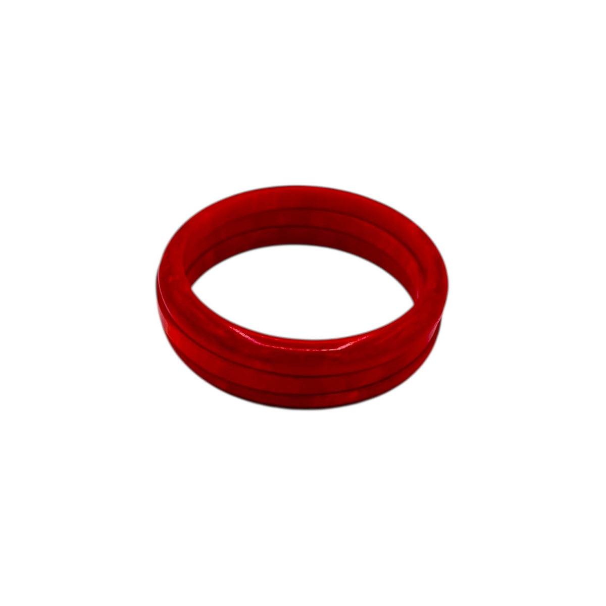 Inside view on white background of Set of three vintage cherry red Bakelite bangles.