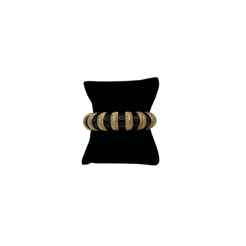 BraceletsVintage Chunky Gold Black Enamel Ribbed Hinged Bangle Bracelet