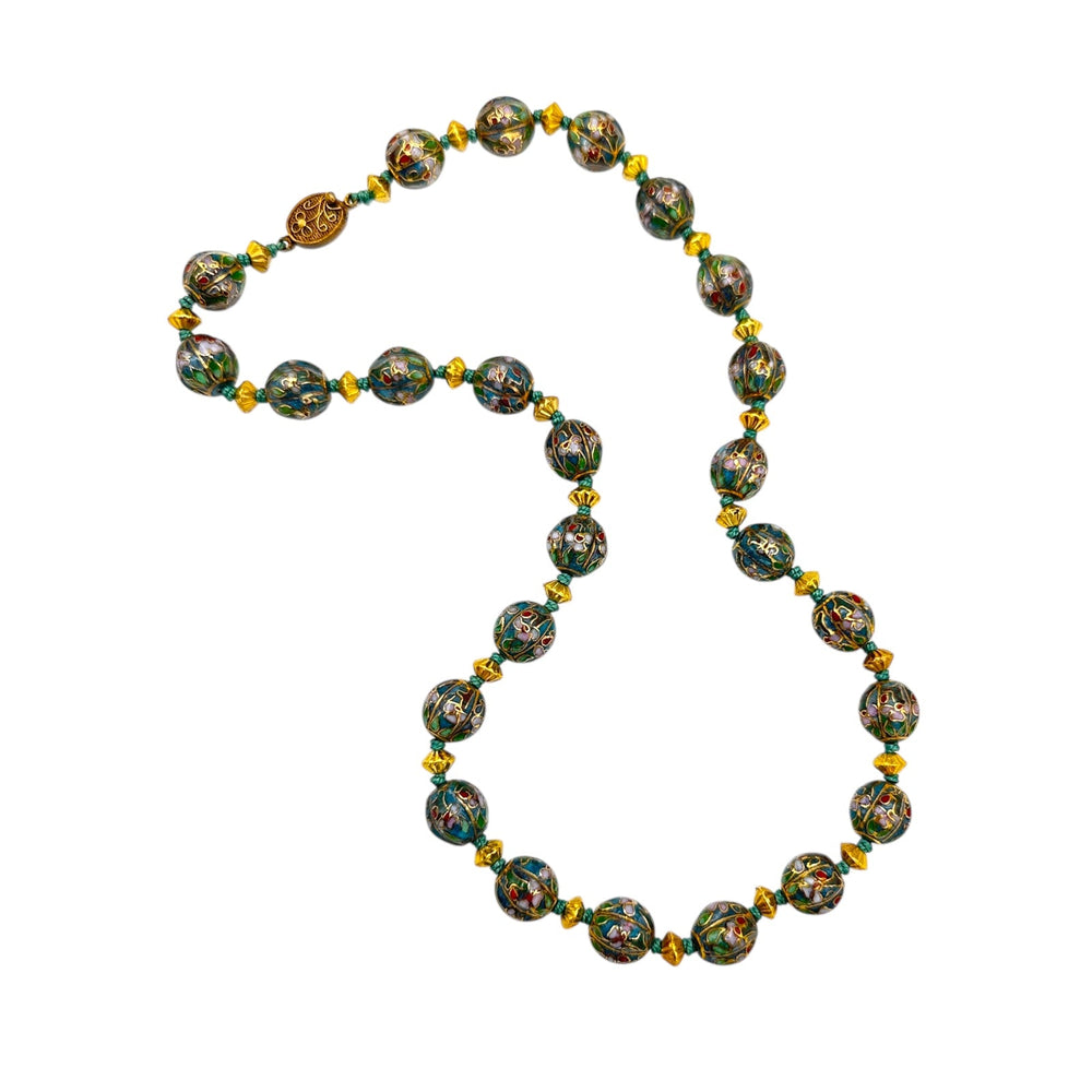 Vintage green and gold floral cloisonné bead hand-knotted necklace with scalloped enamel design displayed on white background.