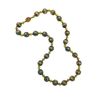 Vintage green and gold floral cloisonné bead hand-knotted necklace with scalloped enamel design displayed on white background.